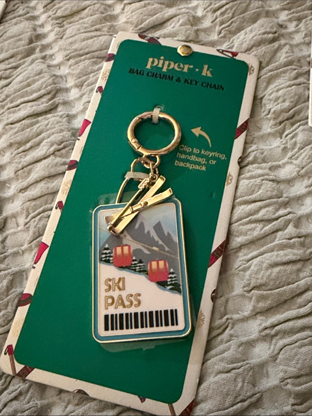 Piper K Ski Pass Bag Charm & Key Chain in White, Gold, Red